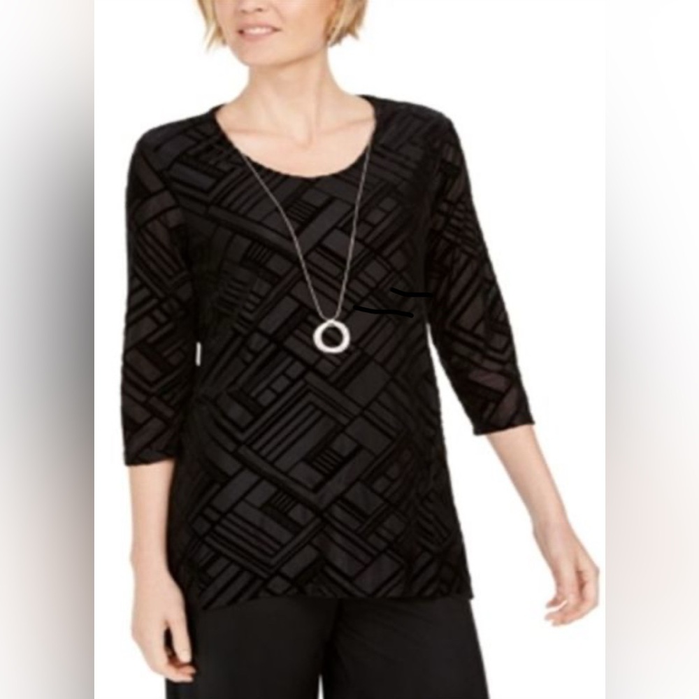 NWT JM Collection Velvet Flocked Jacquard Top Blouse Black Necklace Size XS - Picture 2 of 11